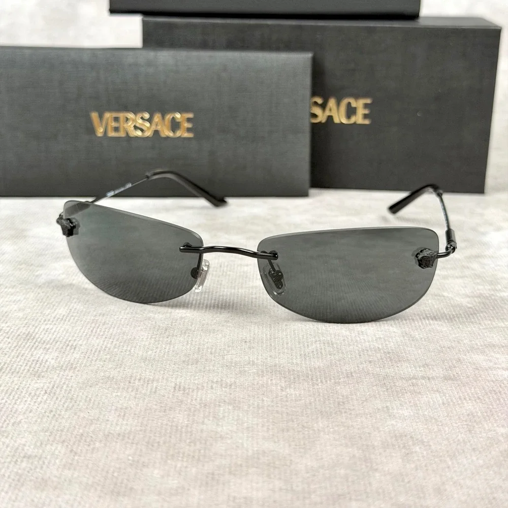Versace MOD 2279 Black Rimless Sunglasses Grey Lens Italy 60 18 135 NEW